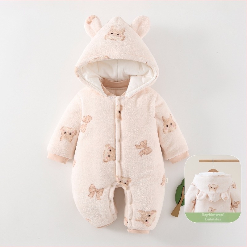 Újszülött babának készült overál vastagított béléssel, 100% pamut, polár fleece anyag, 0–12 hónapos korosztálynak.