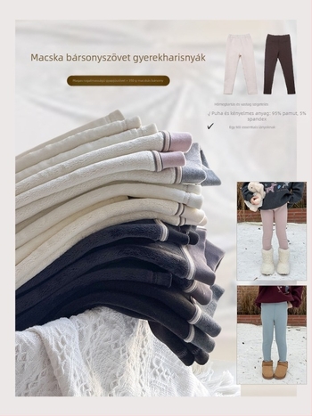 Lányoknak készült gyapjú-stretch nadrág fleece béléssel, középső derekú, 350 g bársony anyag, téli, 3–8 évesek
