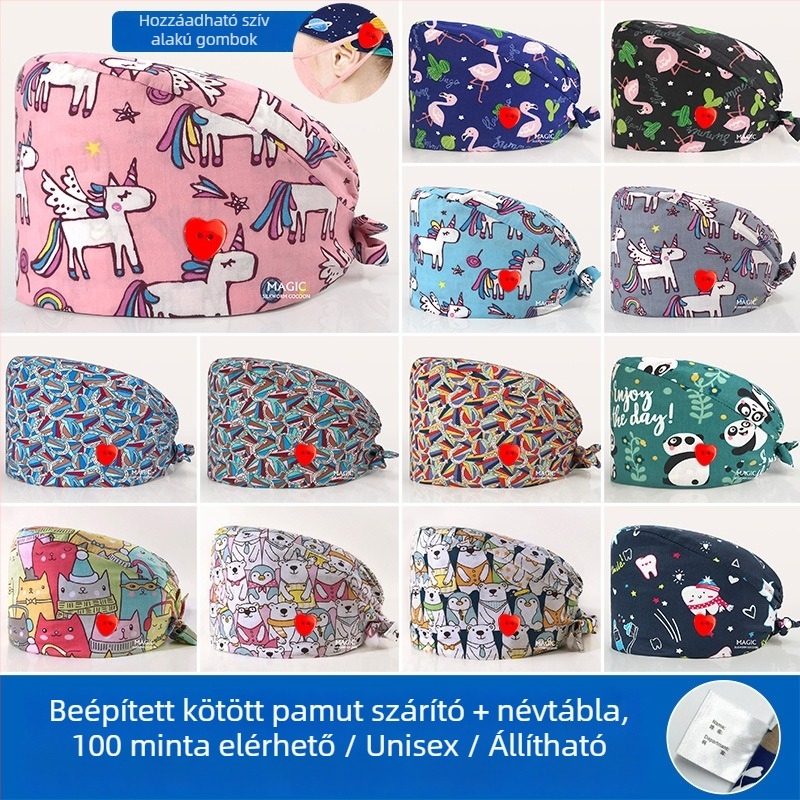 Nyomtatott műtős sapka kórházi használatra, pamut, uniszex, virágos minta, sík felső