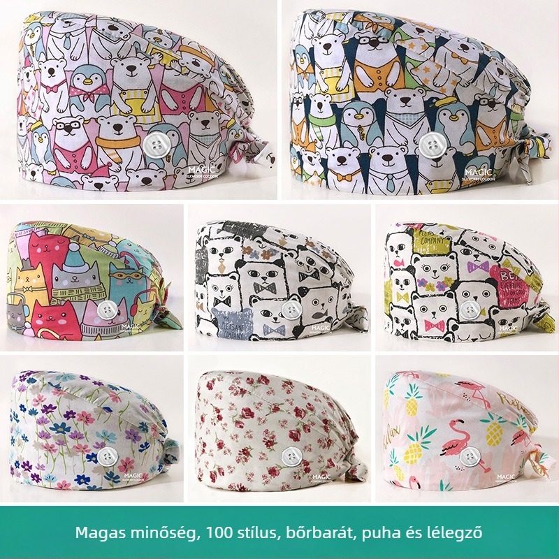 Nyomtatott műtős sapka kórházi használatra, pamut, uniszex, virágos minta, sík felső