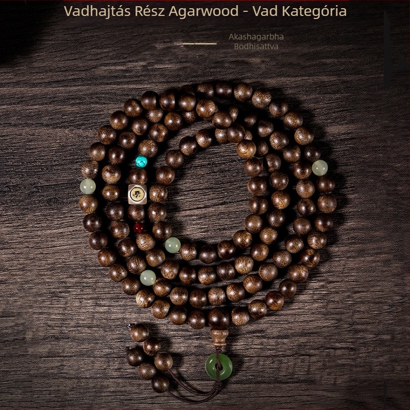 Agarwood karkötő, 108 gyöngy, több szálas, kézzel készített, természetes, kínai stílus.