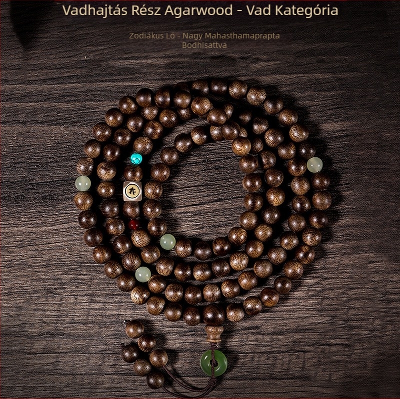 Agarwood karkötő, 108 gyöngy, több szálas, kézzel készített, természetes, kínai stílus.