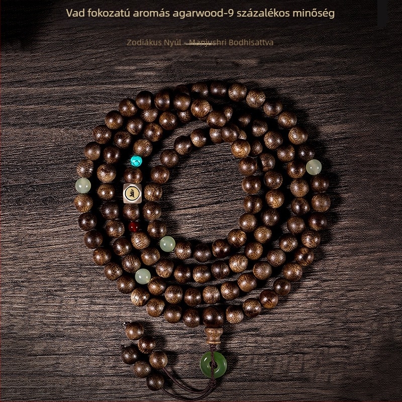Agarwood karkötő, 108 gyöngy, több szálas, kézzel készített, természetes, kínai stílus.