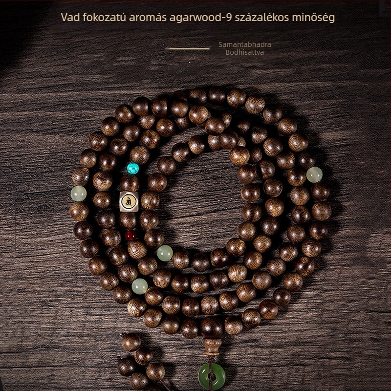 Agarwood karkötő, 108 gyöngy, több szálas, kézzel készített, természetes, kínai stílus.