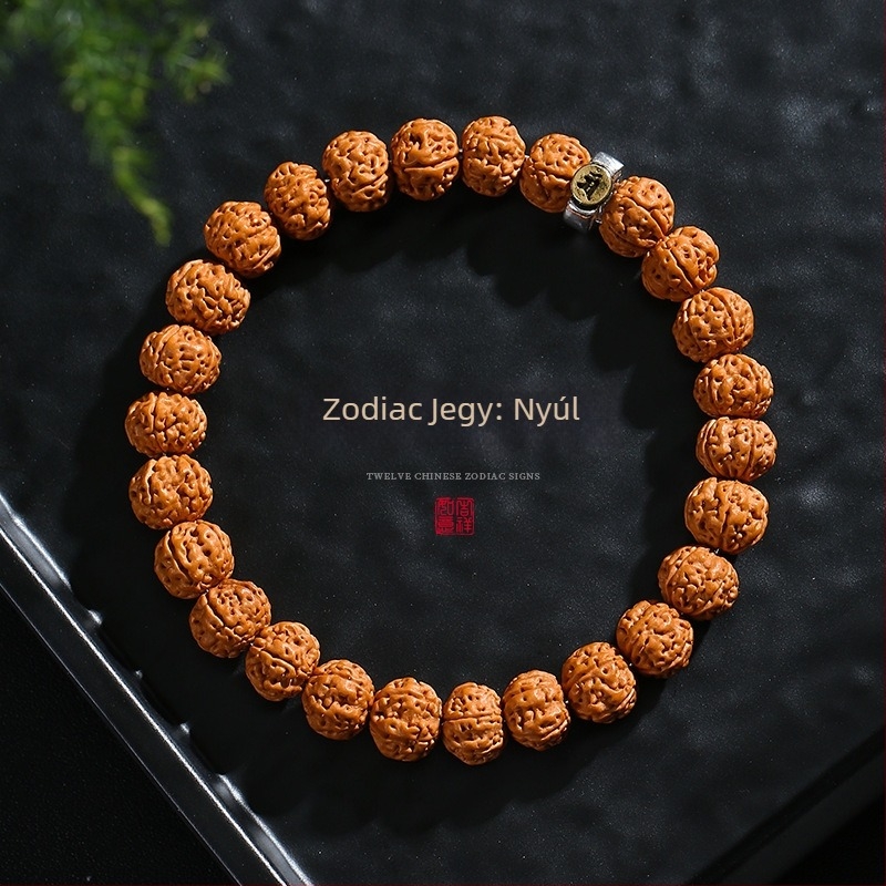 Férfi Bodhi gyöngy karkötő 12 állatövi jelzéssel, 10 mm gyöngyök, dupla hurkokkal, retro stílus
