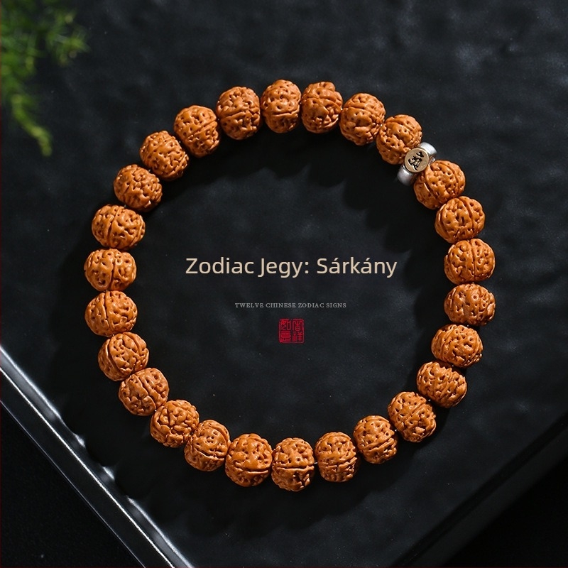Férfi Bodhi gyöngy karkötő 12 állatövi jelzéssel, 10 mm gyöngyök, dupla hurkokkal, retro stílus