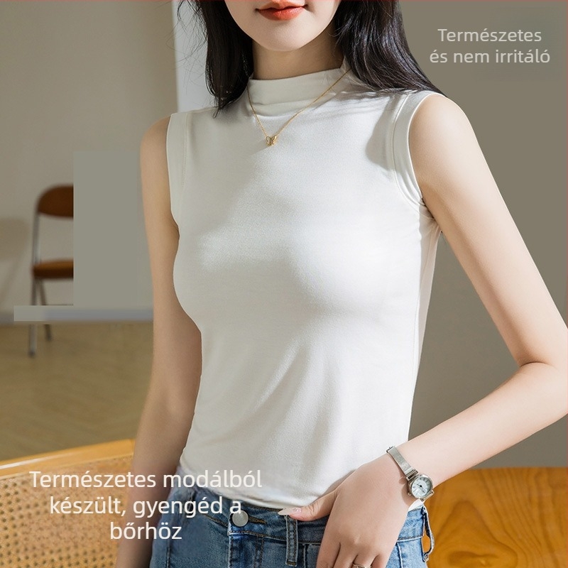 Női modal top, vállpánt nélküli, vékony bázistop, karcsúsított szabás, félmagas gallér, 70-80% viszkóz, 2025 tavasz