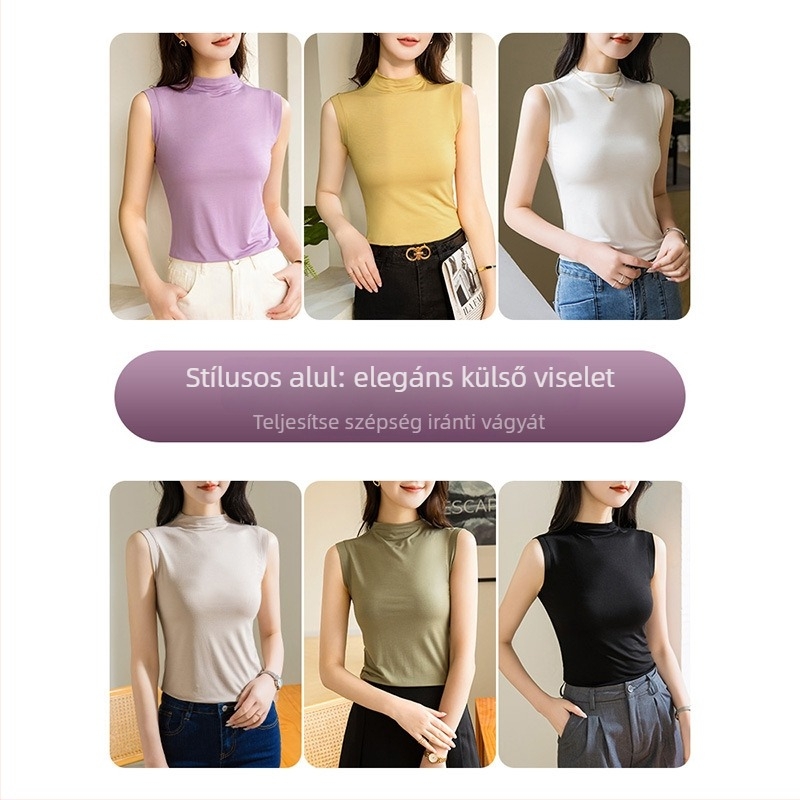 Női modal top, vállpánt nélküli, vékony bázistop, karcsúsított szabás, félmagas gallér, 70-80% viszkóz, 2025 tavasz