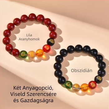 Uniszex cinnabar karkötő öt szerencseistenével, buddhista gyöngyökkel és szerencsegyöngyökkel, lilás–arany homokhatású kultúrális ékszer a születési évre