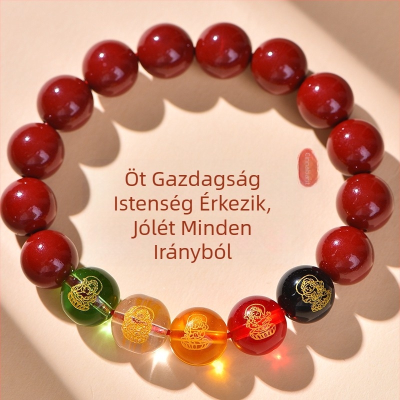 Uniszex cinnabar karkötő öt szerencseistenével, buddhista gyöngyökkel és szerencsegyöngyökkel, lilás–arany homokhatású kultúrális ékszer a születési évre