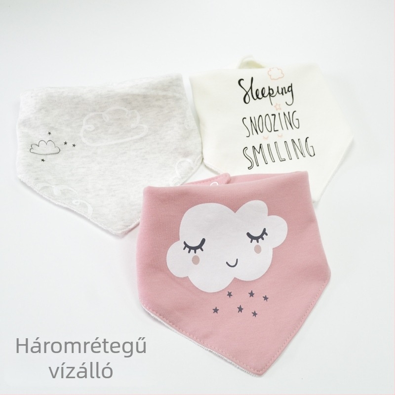 Háromrétegű, vízálló háromszög alakú baba- és kisgyermekbib, több mint 95% pamut, csíkos vagy rajzolt mintákkal, 0–3 év