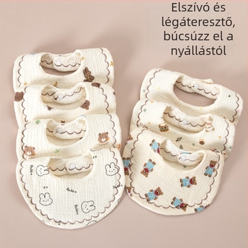 Baba etetőkendő 100% pamut géz – nedvszívó, osztály A, 0–3 éveseknek, kerek forma, állat- és mesés mintákkal