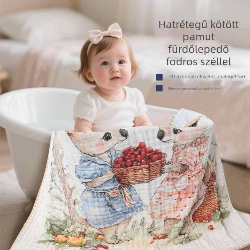 Baba géz fürdőtörölköző – 100% pamut, hat rétegű nedvszívó, csíkos mintázat, gyorsan száradó, újszülötteknek