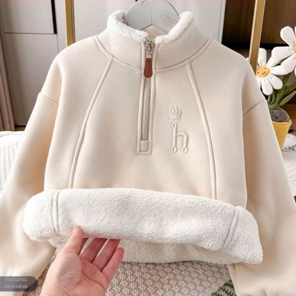 Gyerekeknek készült vastag fleece felső cipzárral és álló gallérral, hosszú ujjak, pamutkeverék anyag, poliészter bélés, puha tapintású