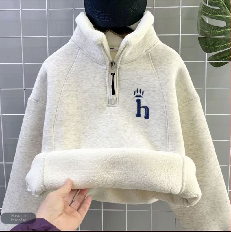 Gyerekeknek készült vastag fleece felső cipzárral és álló gallérral, hosszú ujjak, pamutkeverék anyag, poliészter bélés, puha tapintású
