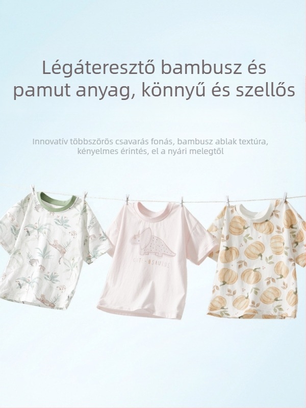Gyermekeknek készült póló, 100% pamut, rövid ujjú, kerek nyak, állatmintás