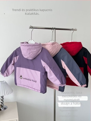 Téli kapucnis gyerekeknek szánt kabát lányoknak, fleece béléssel, nyúl szőr külsővel, koreai stílusú színblokkolt dizájn, vízálló és szélvédett, 7–12 éveseknek