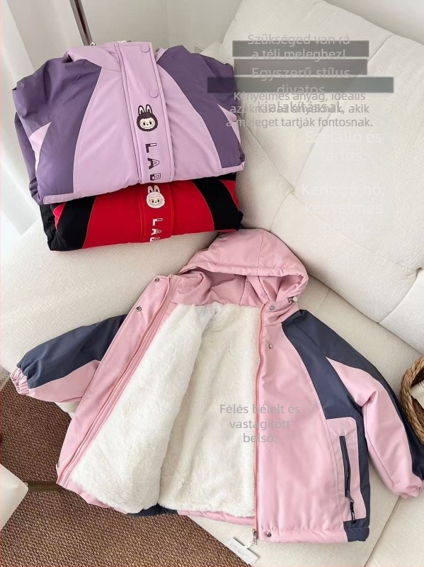 Téli kapucnis gyerekeknek szánt kabát lányoknak, fleece béléssel, nyúl szőr külsővel, koreai stílusú színblokkolt dizájn, vízálló és szélvédett, 7–12 éveseknek