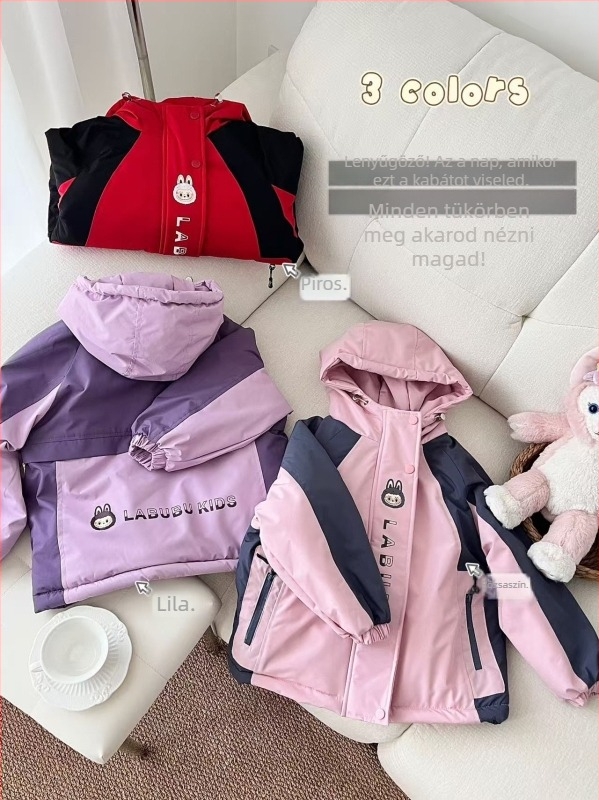Téli kapucnis gyerekeknek szánt kabát lányoknak, fleece béléssel, nyúl szőr külsővel, koreai stílusú színblokkolt dizájn, vízálló és szélvédett, 7–12 éveseknek