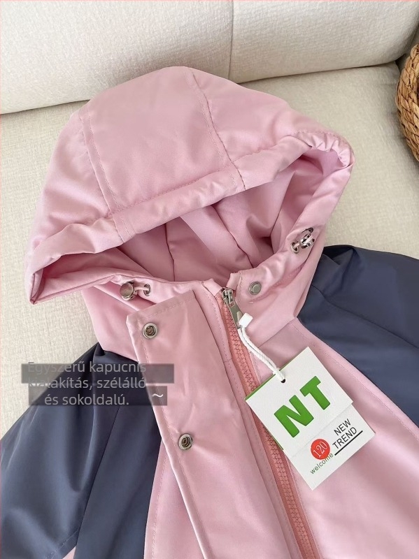 Téli kapucnis gyerekeknek szánt kabát lányoknak, fleece béléssel, nyúl szőr külsővel, koreai stílusú színblokkolt dizájn, vízálló és szélvédett, 7–12 éveseknek