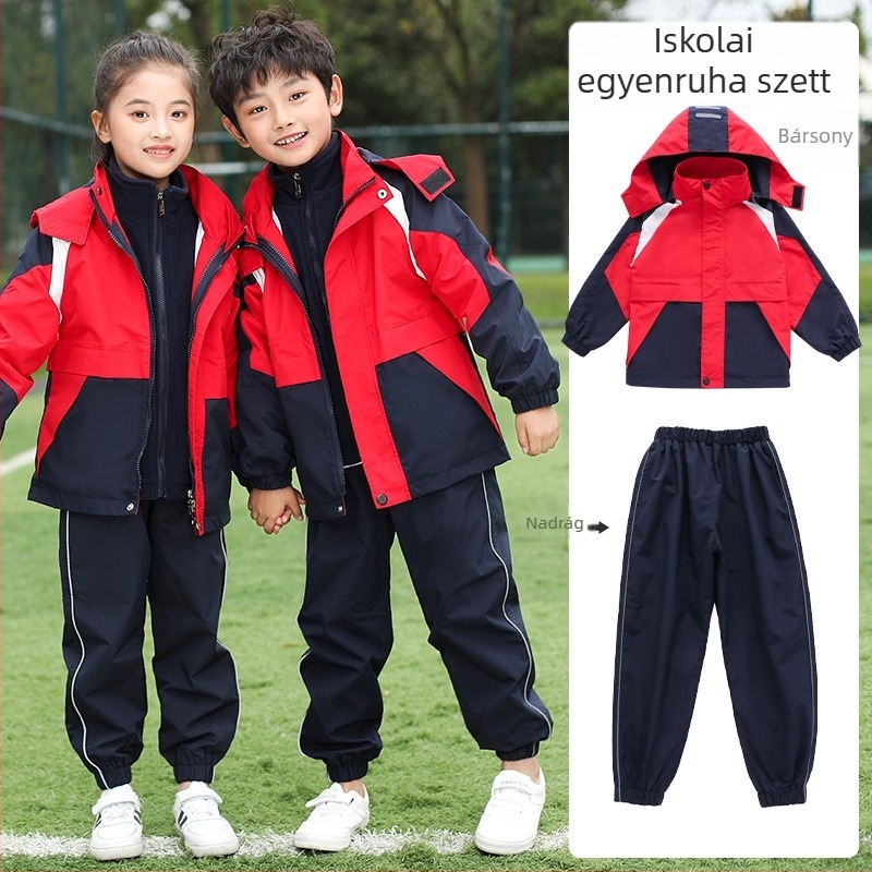 Iskolai háromrészes egyenruha szett őszi-téli időszakra, sportos stílus, uniszex 8+ évnek, cipzáras zárás, levehető kapucni