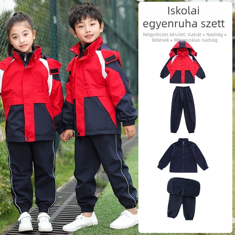 Iskolai háromrészes egyenruha szett őszi-téli időszakra, sportos stílus, uniszex 8+ évnek, cipzáras zárás, levehető kapucni