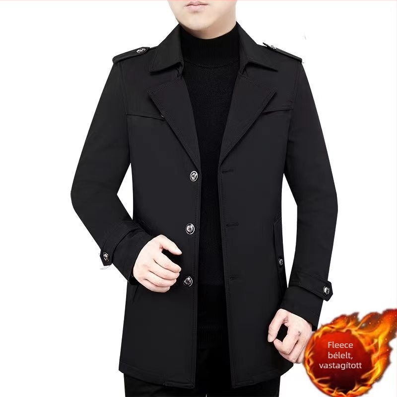 Férfi középhosszú kabát fleece-béléssel, zakó-stílusú gallérral, ferde cipzárral, övvel, téli viselet