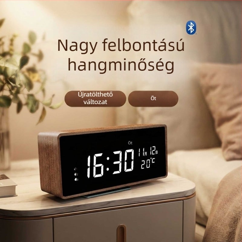 Nappali LED-es digitális ébresztőóra automatikus időbeállítással, tömörfa ház, dekoratív dísztárgy és beépített hangszóró