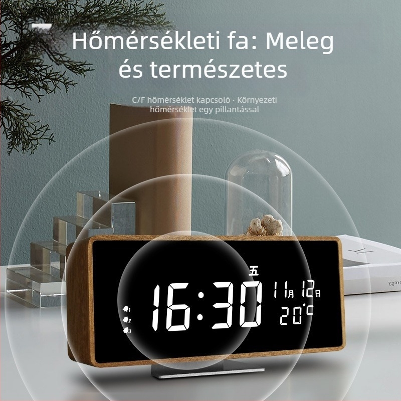 Nappali LED-es digitális ébresztőóra automatikus időbeállítással, tömörfa ház, dekoratív dísztárgy és beépített hangszóró