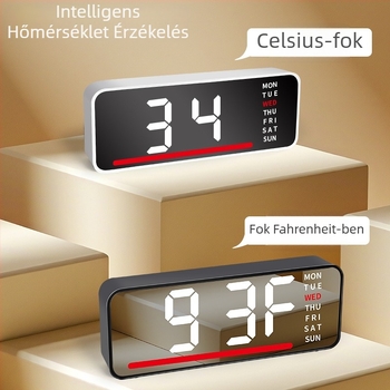 Ébresztőóra LED kijelzővel, hőmérővel, naptárral és a hét napjával – asztali digitális óra, elektronikus működés