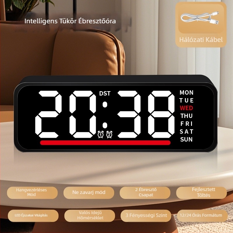 Ébresztőóra LED kijelzővel, hőmérővel, naptárral és a hét napjával – asztali digitális óra, elektronikus működés