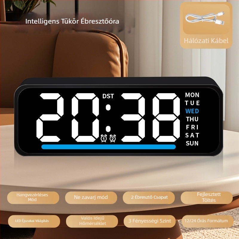Ébresztőóra LED kijelzővel, hőmérővel, naptárral és a hét napjával – asztali digitális óra, elektronikus működés