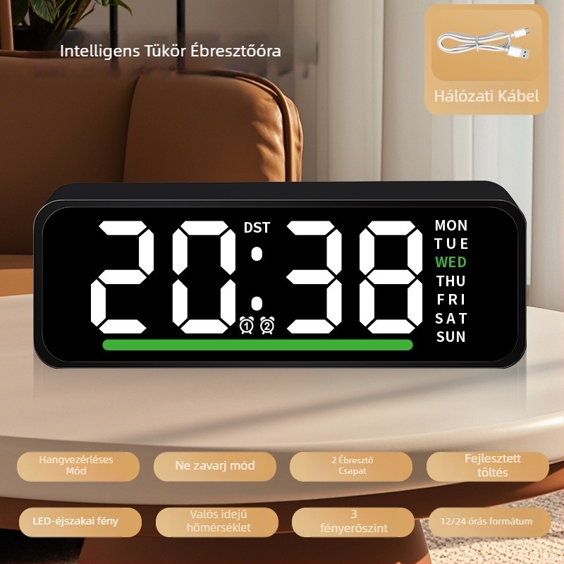 Ébresztőóra LED kijelzővel, hőmérővel, naptárral és a hét napjával – asztali digitális óra, elektronikus működés