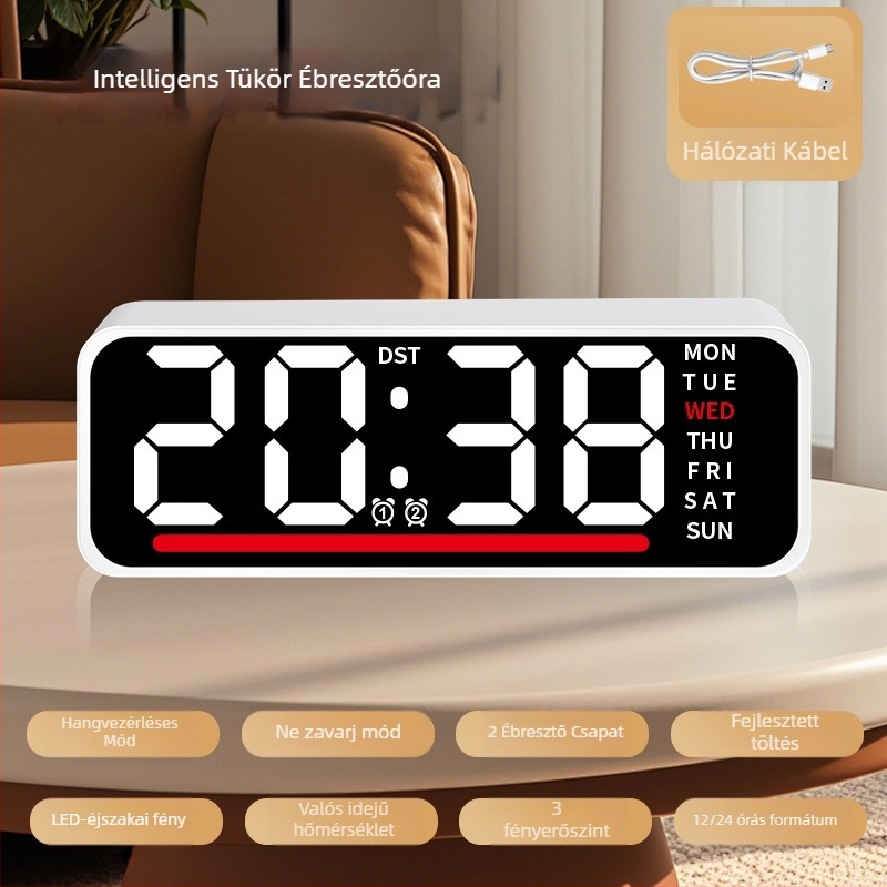 Ébresztőóra LED kijelzővel, hőmérővel, naptárral és a hét napjával – asztali digitális óra, elektronikus működés