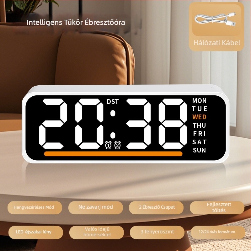 Ébresztőóra LED kijelzővel, hőmérővel, naptárral és a hét napjával – asztali digitális óra, elektronikus működés