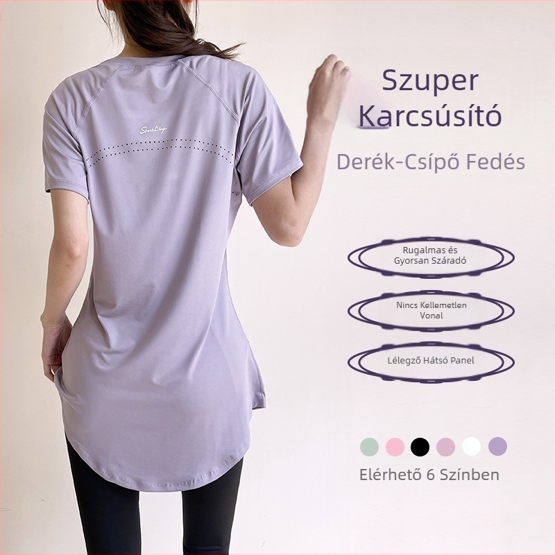 Női rövid ujjú fitnesz felső középmagasságú hosszúságú, csípőt fed, légies, gyorsan száradó poliészter-spandex keverék (86% poliészter, 14% spandex), jóga, edzés