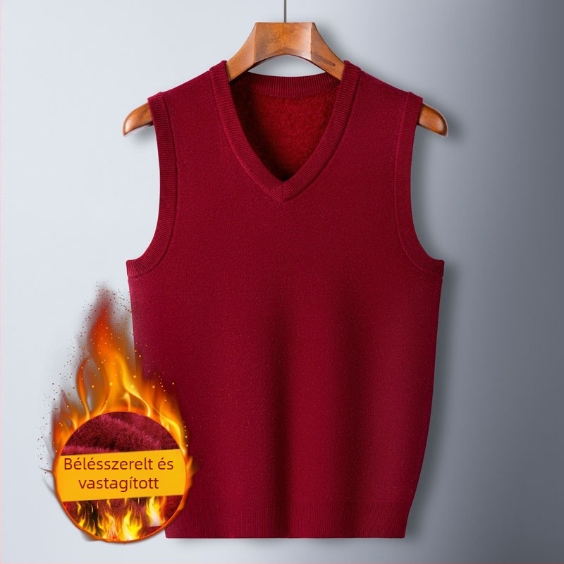 Férfi fleece bélelt mellény, karcsú szabású, téli 2024 kiadás, V-nyak, kevert anyag (65,2% spandex, 22,6% poliészter, 9,8% akril, 2,4% gyapjú)