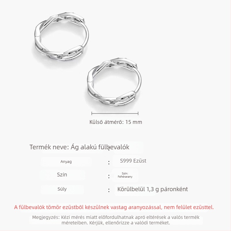 S999 tiszta ezüst fülbevalók, koreai stílusú geometriai karikák