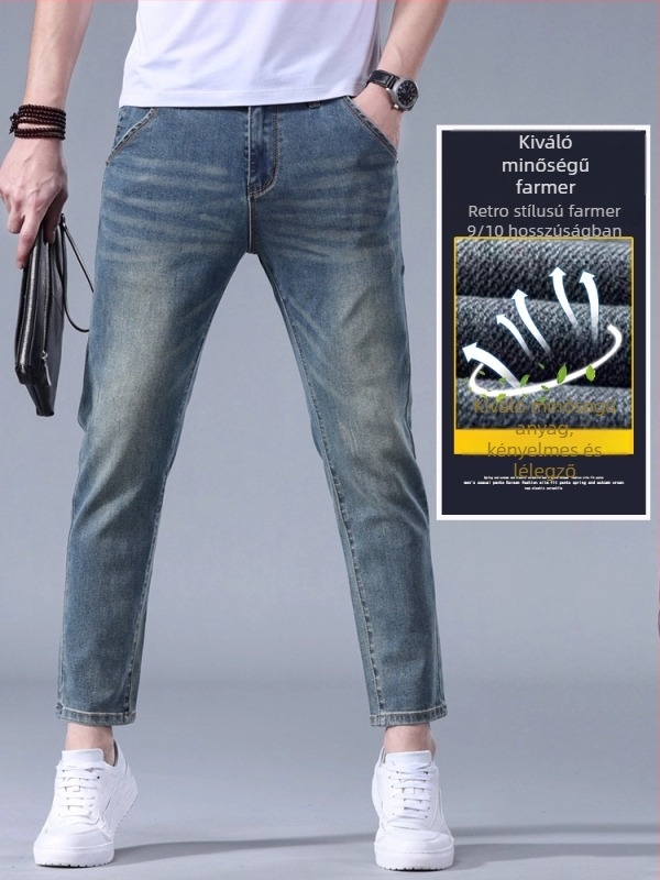 Férfi farmernadrág – vintage szabás, karcsú fazon, denimmel mikro-elasztikussággal, középmagasságú derék, cipzáras zárás, pamut 62,8% / poliészter 35,2% / spandex 2%