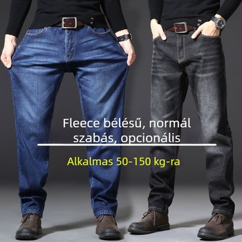 Férfi magas derekú farmernadrág fleece béléssel, Plusz méret, elasztikus, egyenes szabás, ősz-tél