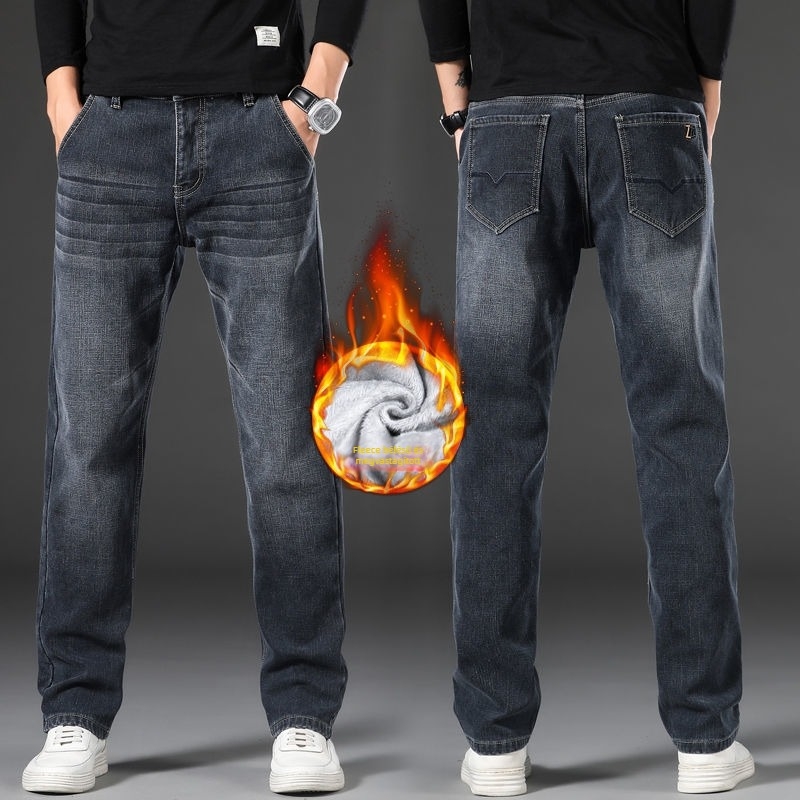 Férfi magas derekú farmernadrág fleece béléssel, Plusz méret, elasztikus, egyenes szabás, ősz-tél