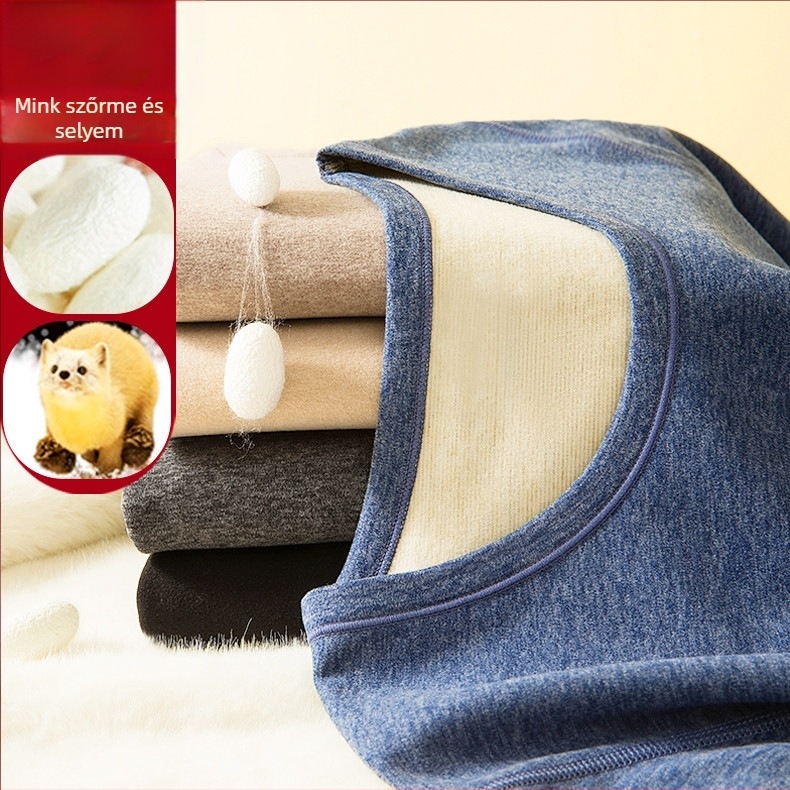 Őszi-téli termikus alsó-felső szett Mink Velvet Mulberry Silk, fleece béléssel, vastított, antibakteriális, uniszex, hosszú ujjú felső és nadrág