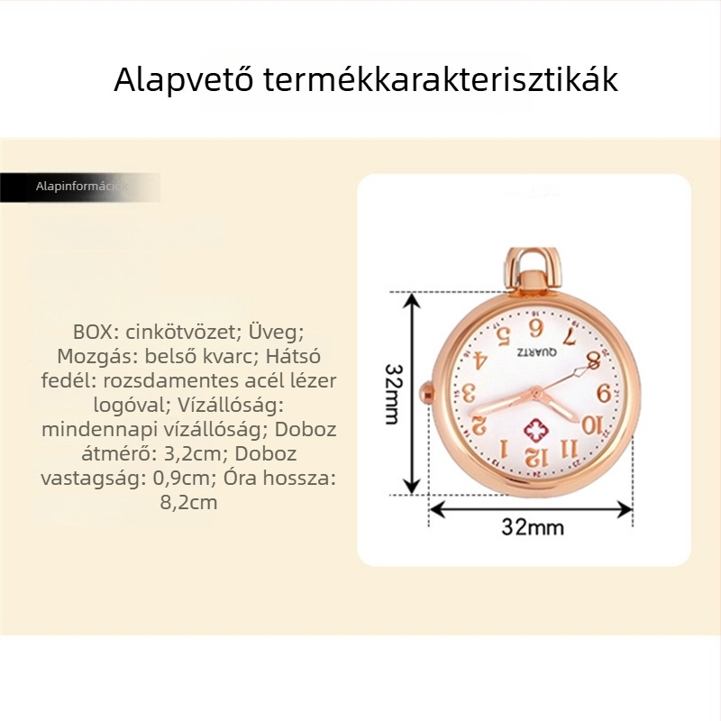 Ápolónői zsebóra — kvarc működés, világító mutatók, nőies stílus, aranyos diákszerű dizájn, tokozás: cinkötvözet