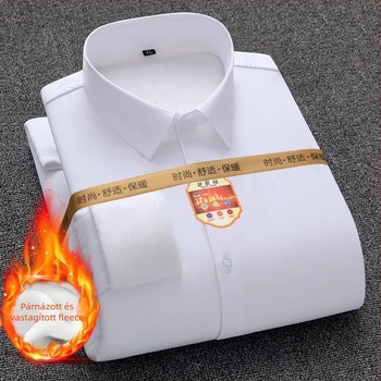 Férfi slim-fit ing meleg fleece-béléssel téli munkához – hosszú ujjú, széles sarkú gallér, blokk mintázat, poliészter-keverék