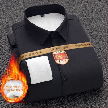 Férfi slim-fit ing meleg fleece-béléssel téli munkához – hosszú ujjú, széles sarkú gallér, blokk mintázat, poliészter-keverék