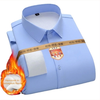 Férfi slim-fit ing meleg fleece-béléssel téli munkához – hosszú ujjú, széles sarkú gallér, blokk mintázat, poliészter-keverék