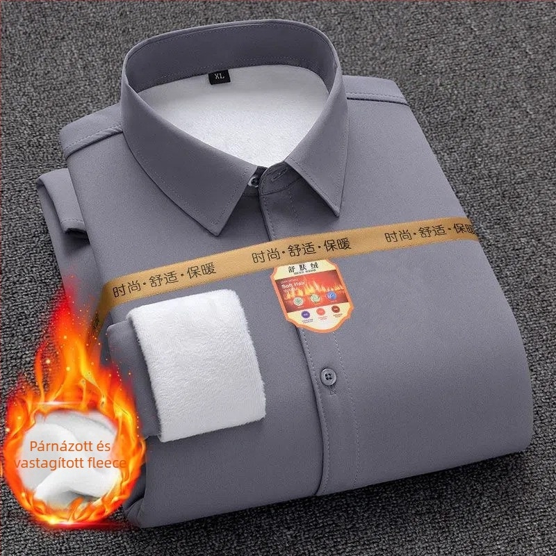 Férfi slim-fit ing meleg fleece-béléssel téli munkához – hosszú ujjú, széles sarkú gallér, blokk mintázat, poliészter-keverék