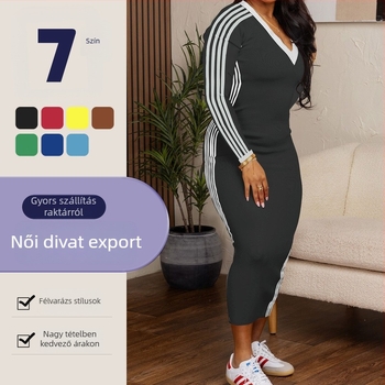 33107 Női karcsúsított V-nyakú hosszú ujjú ruha, poliészter, csíkos mintázat, A-vonalú sziluett
