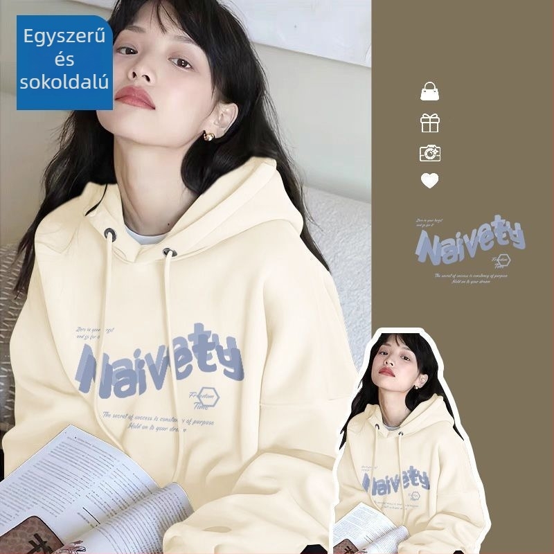 Női kapucnis oversize pulóver fleece-sel bélelt, tavaszra, őszre és télre, street style