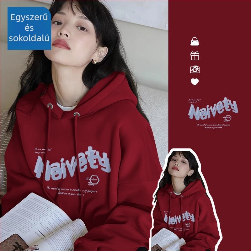 Női kapucnis oversize pulóver fleece-sel bélelt, tavaszra, őszre és télre, street style
